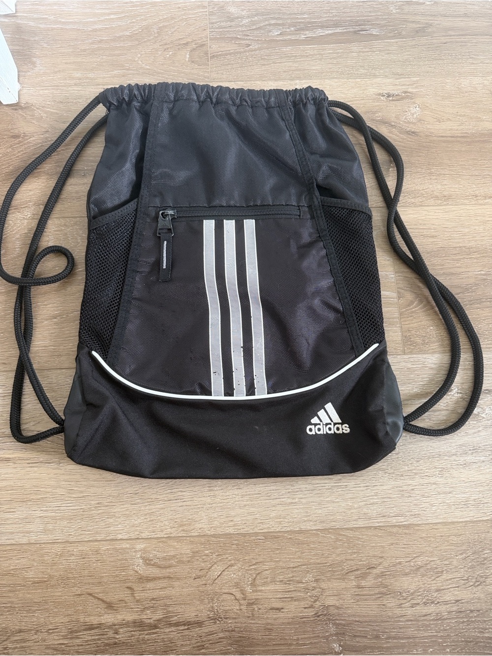 ADIDAS Black Drawstring Gym Sack with Silver Stripes